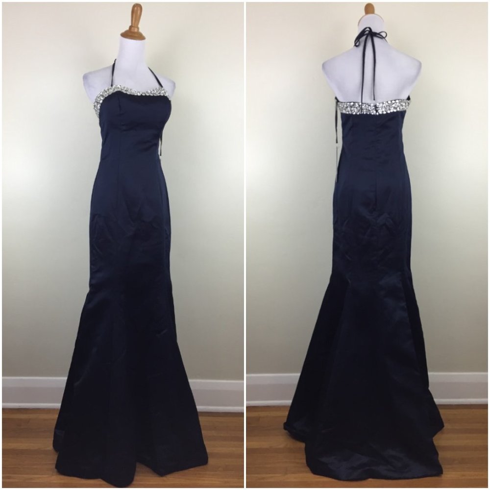 NWT AMELIA COUTURE Dark Blue/Navy Silver Rhinestone Mermaid Halter Gown Dress